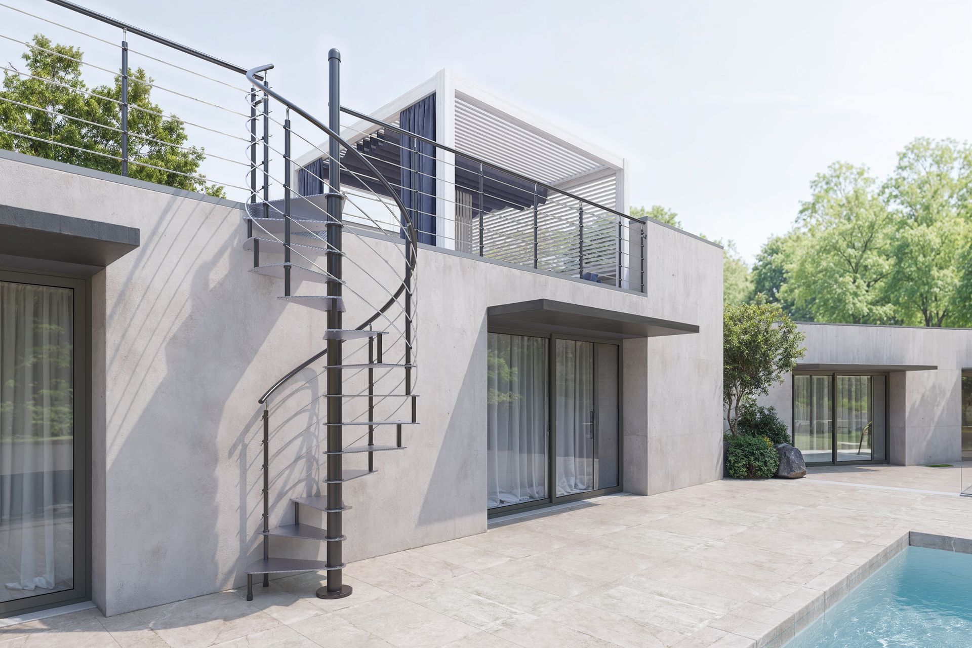 Villa moderna grigia con scala a chiocciola, terrazza sul tetto e patio a bordo piscina sotto un cielo luminoso
