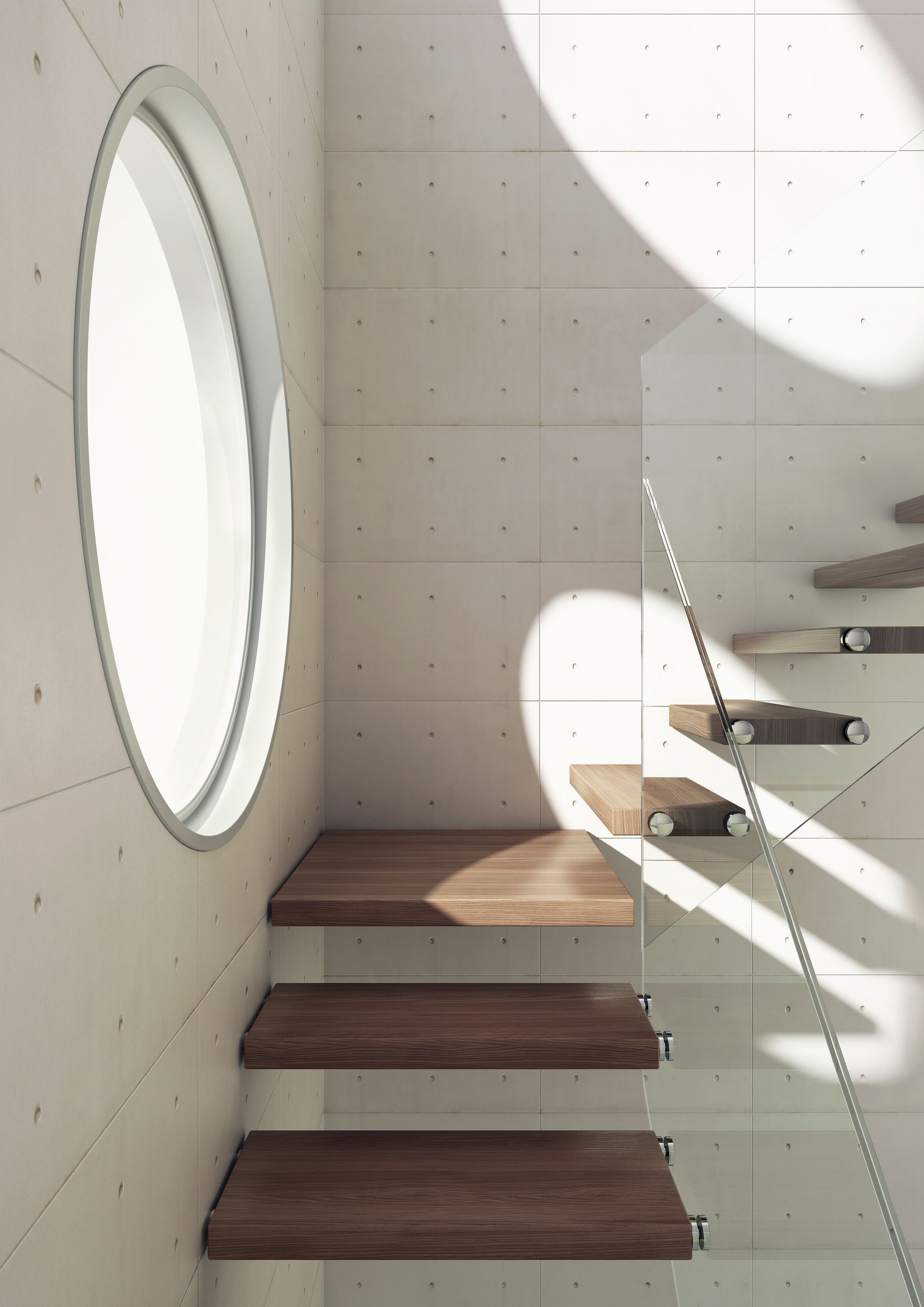 Piccola scala accanto a una finestra rotonda in un interno luminoso e minimalista, con luce naturale e ringhiera in vetro.