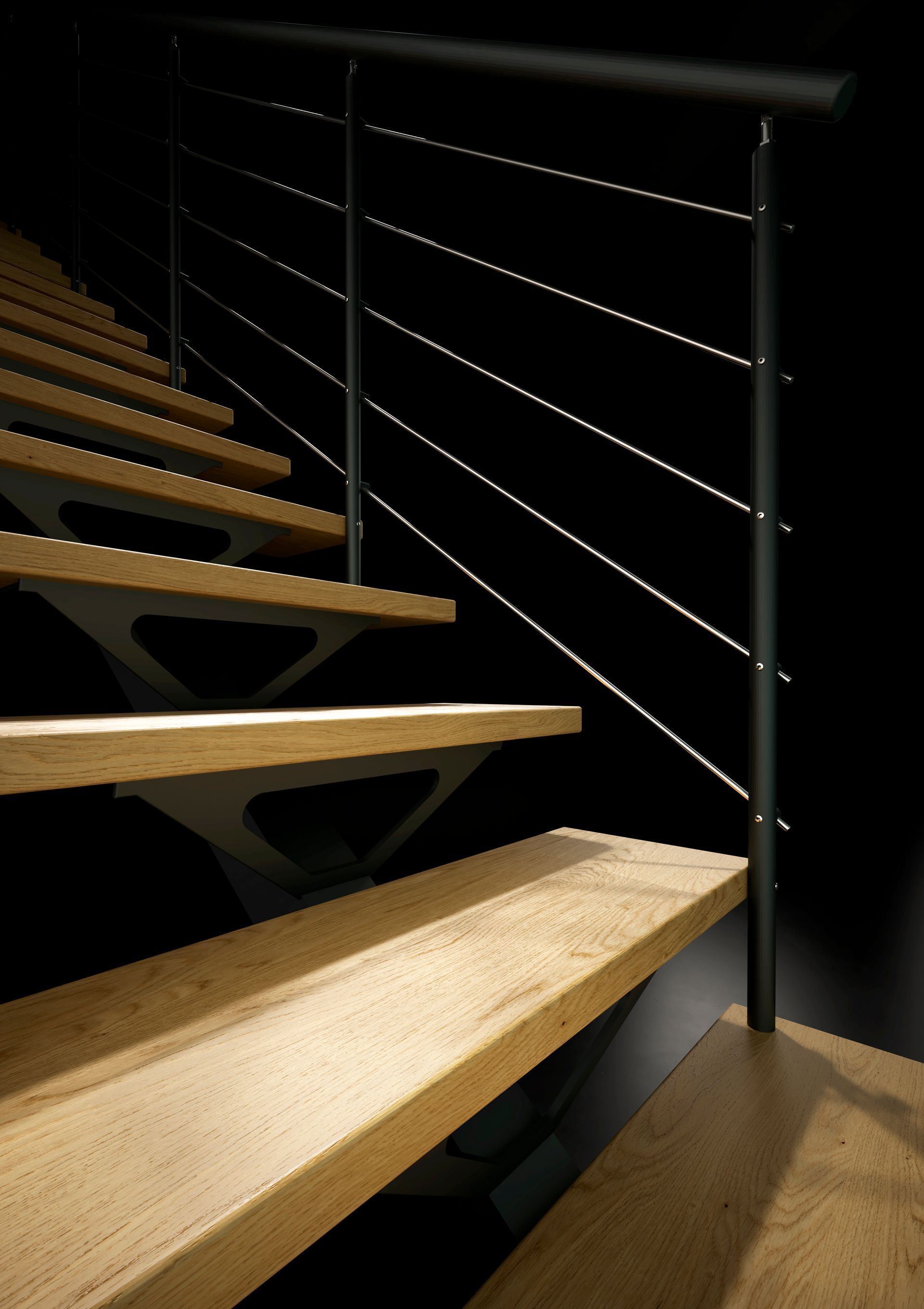 Scala moderna in legno con ringhiera in metallo nero in un interno scarsamente illuminato