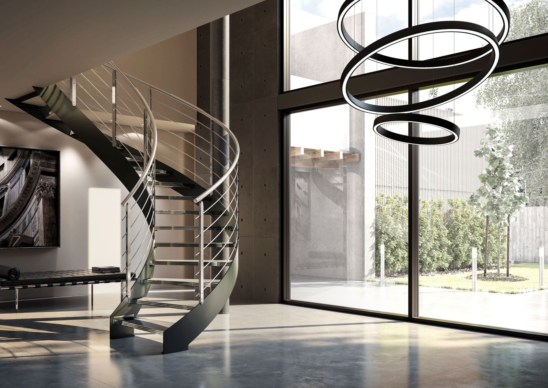 Soggiorno moderno con scala a chiocciola, ampie finestre e lampade a sospensione circolari.