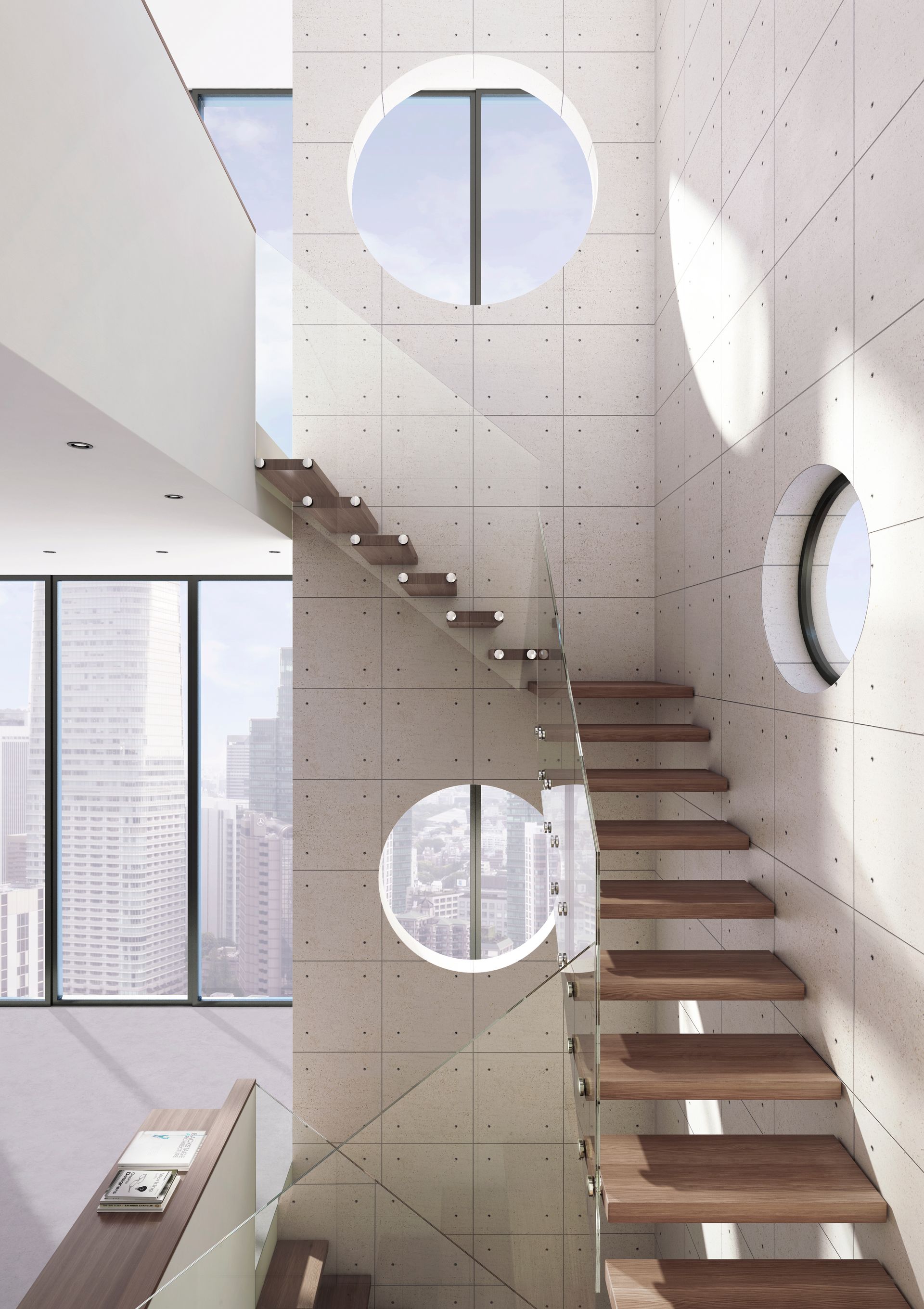 Interni moderni con scale in legno sospese, finestre rotonde e vista sulla città.