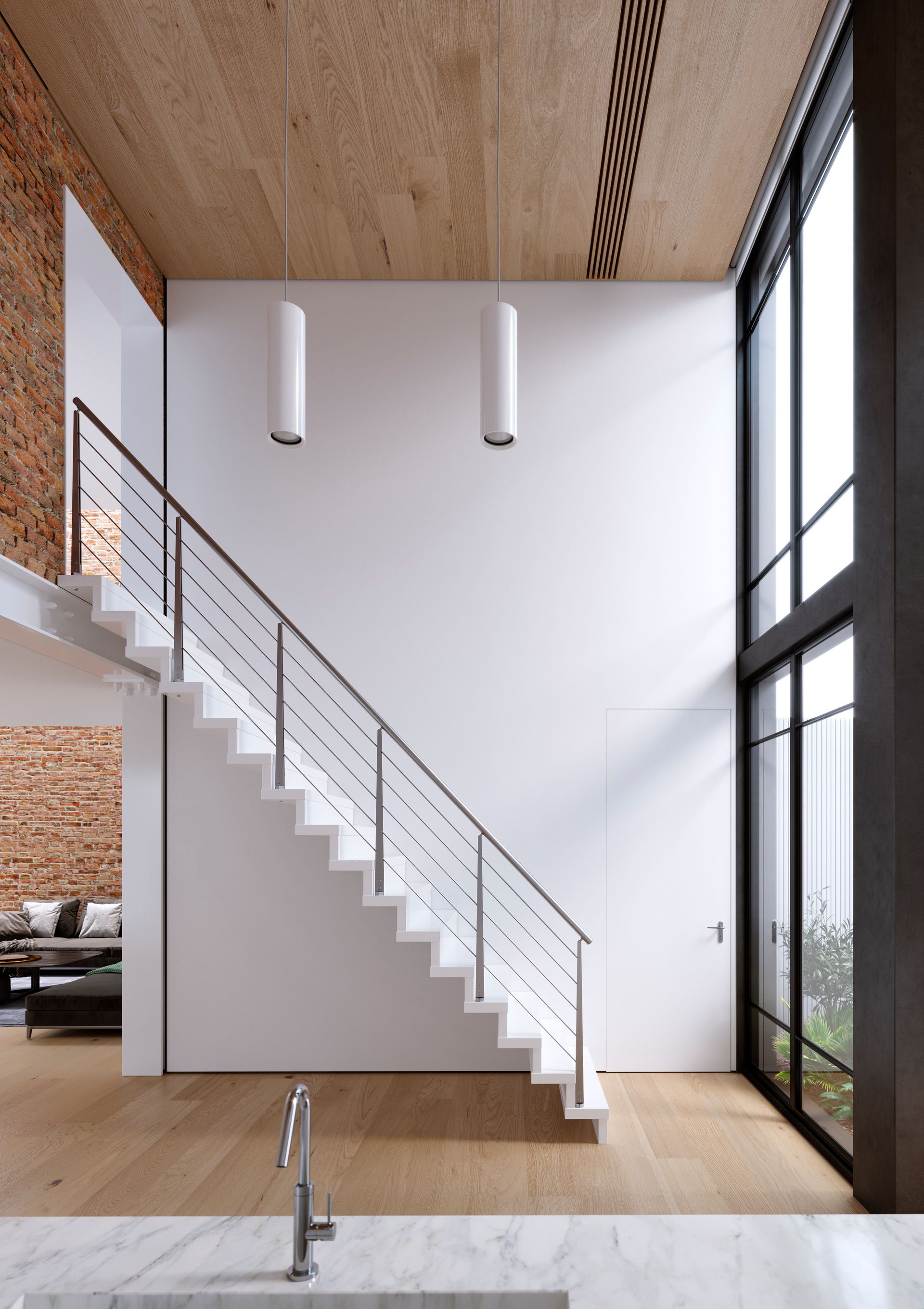 Interni moderni con scala bianca, mattoni a vista, soffitto in legno e finestre a tutta altezza.