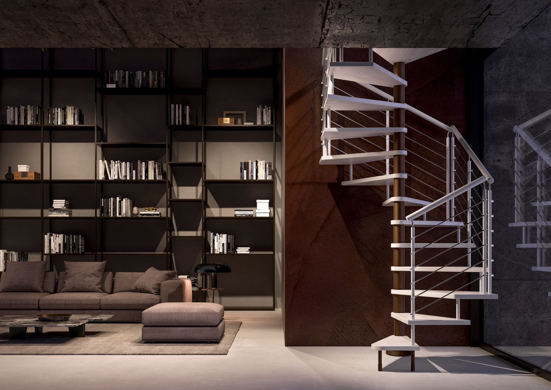 Soggiorno moderno con scaffalature scure, un divano grigio e una scala a chiocciola bianca sulla destra.