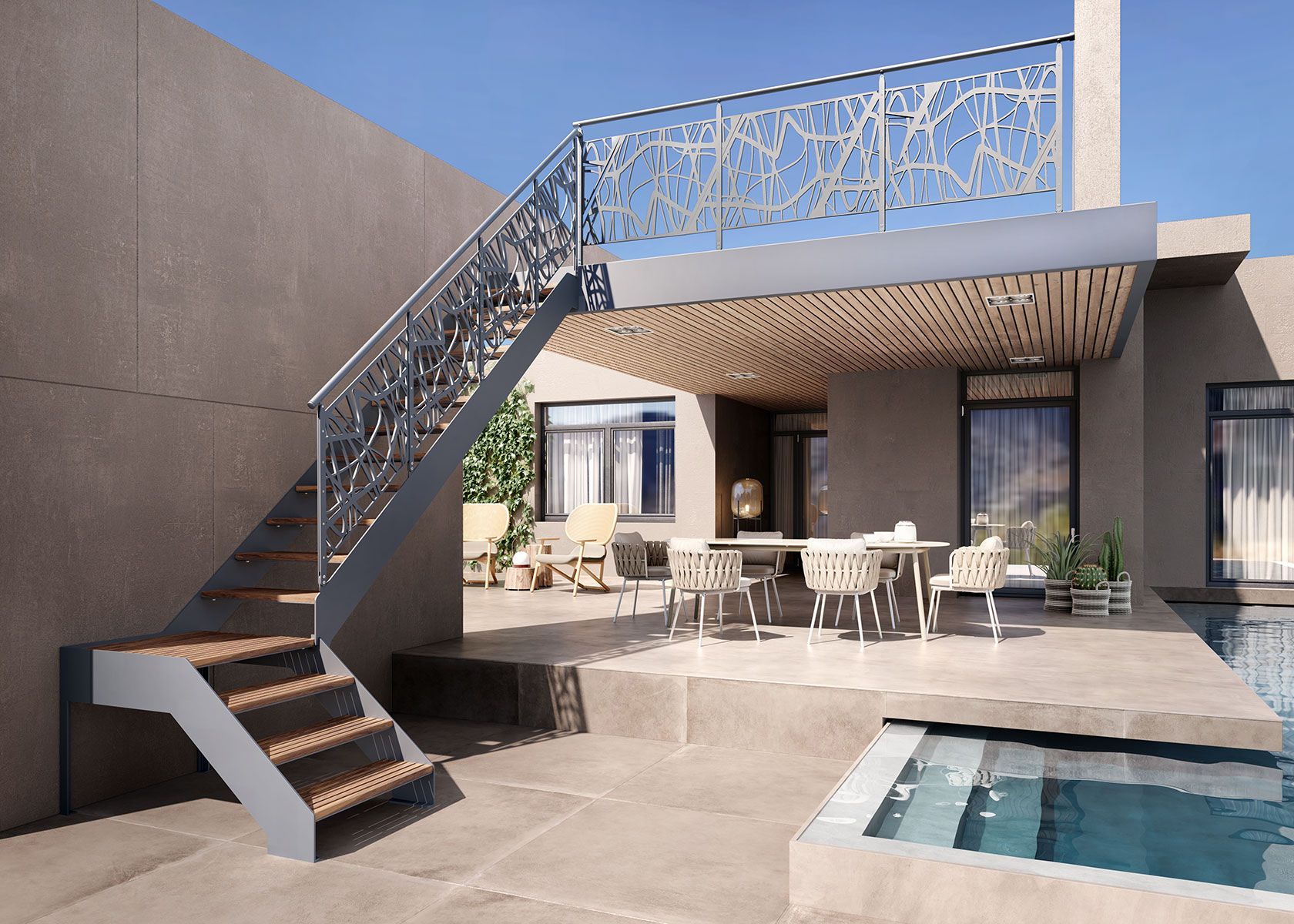 Patio moderno con scala esterna, zona pranzo e piccola piscina adiacente a un edificio contemporaneo.