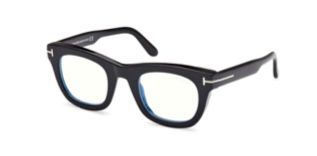 Un paio di occhiali neri con lenti trasparenti su uno sfondo bianco.