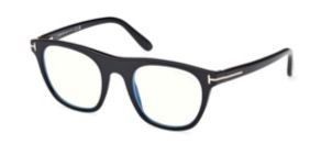 Un paio di occhiali neri con lenti trasparenti su uno sfondo bianco.