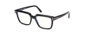 Un paio di occhiali neri con lenti trasparenti su uno sfondo bianco.