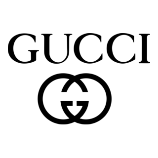 Un logo Gucci in bianco e nero su uno sfondo bianco