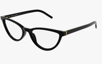 Un paio di occhiali neri con lenti trasparenti su uno sfondo bianco.