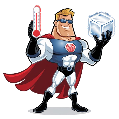 A cartoon superhero is holding an ice cube and a thermometer.