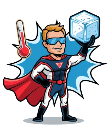 A cartoon of a superhero holding an ice cube and a thermometer.