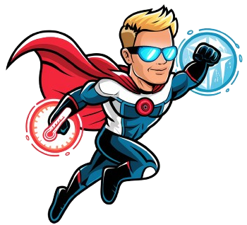 A cartoon illustration of a superhero flying through the air holding a thermometer.