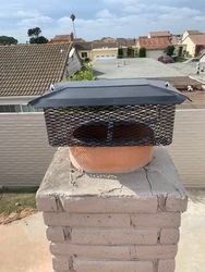 A chimney with a mesh cover on top of it is sitting on top of a brick chimney.