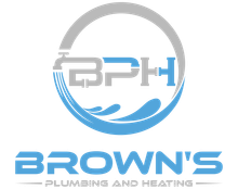 A logo for a plumbing and heating company called brown 's plumbing and heating.