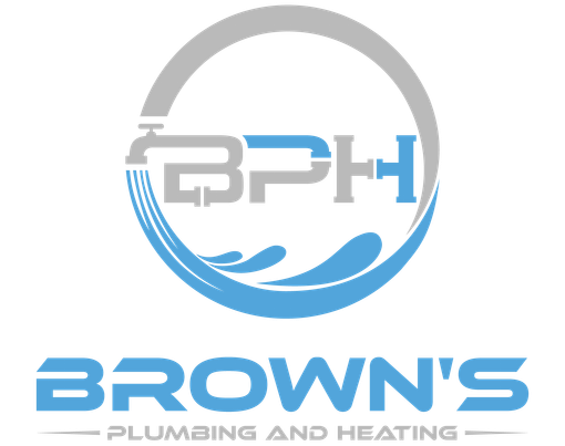 A logo for a plumbing and heating company called brown 's plumbing and heating.