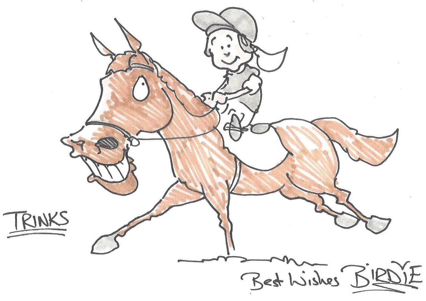 Engine Common Riding School | Cartoon of a smiling horse ridden by a jockey; brown and white with text