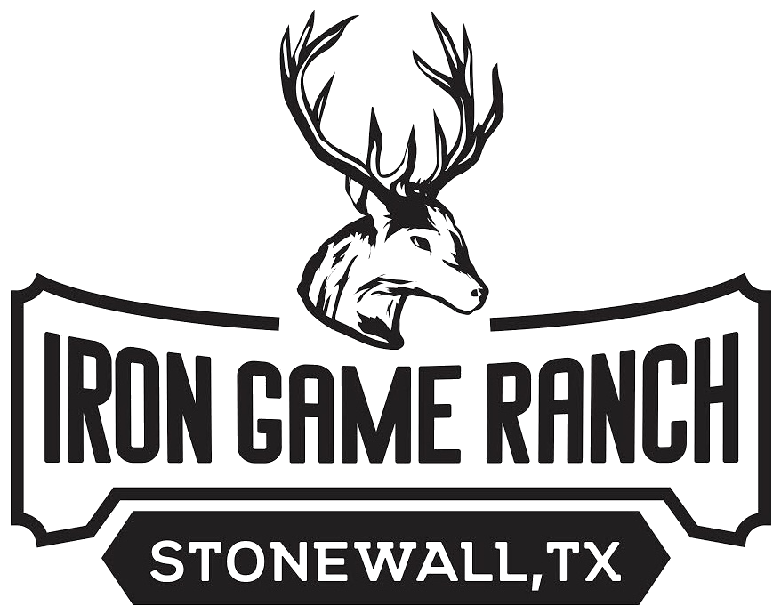 Logo for Iron Game Ranch in Stonewall, TX featuring a deer head with antlers above the text.