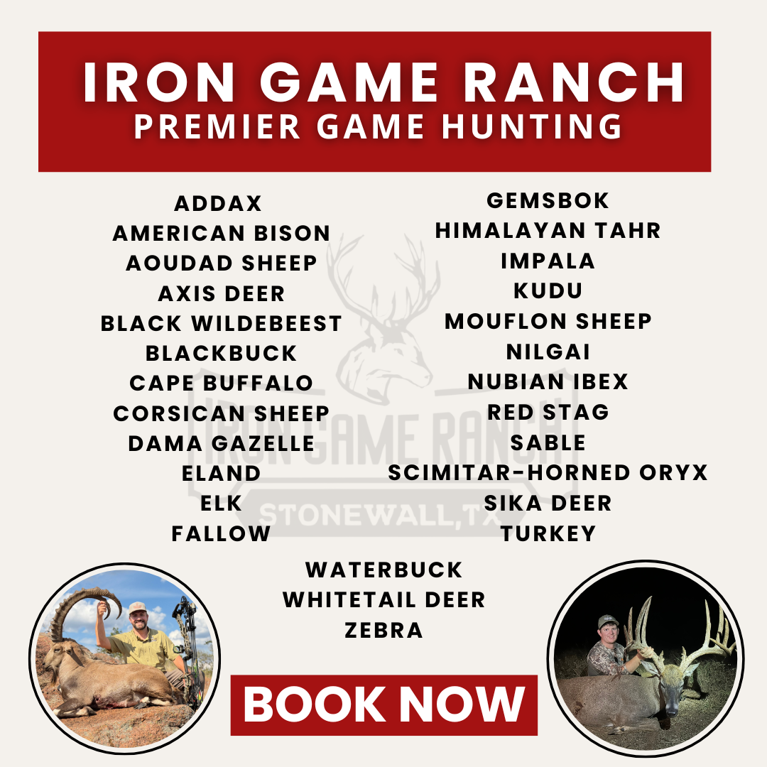 Advertisement for Iron Game Ranch, listing animals for hunting: Addax, Gemsbok, etc. with photos &