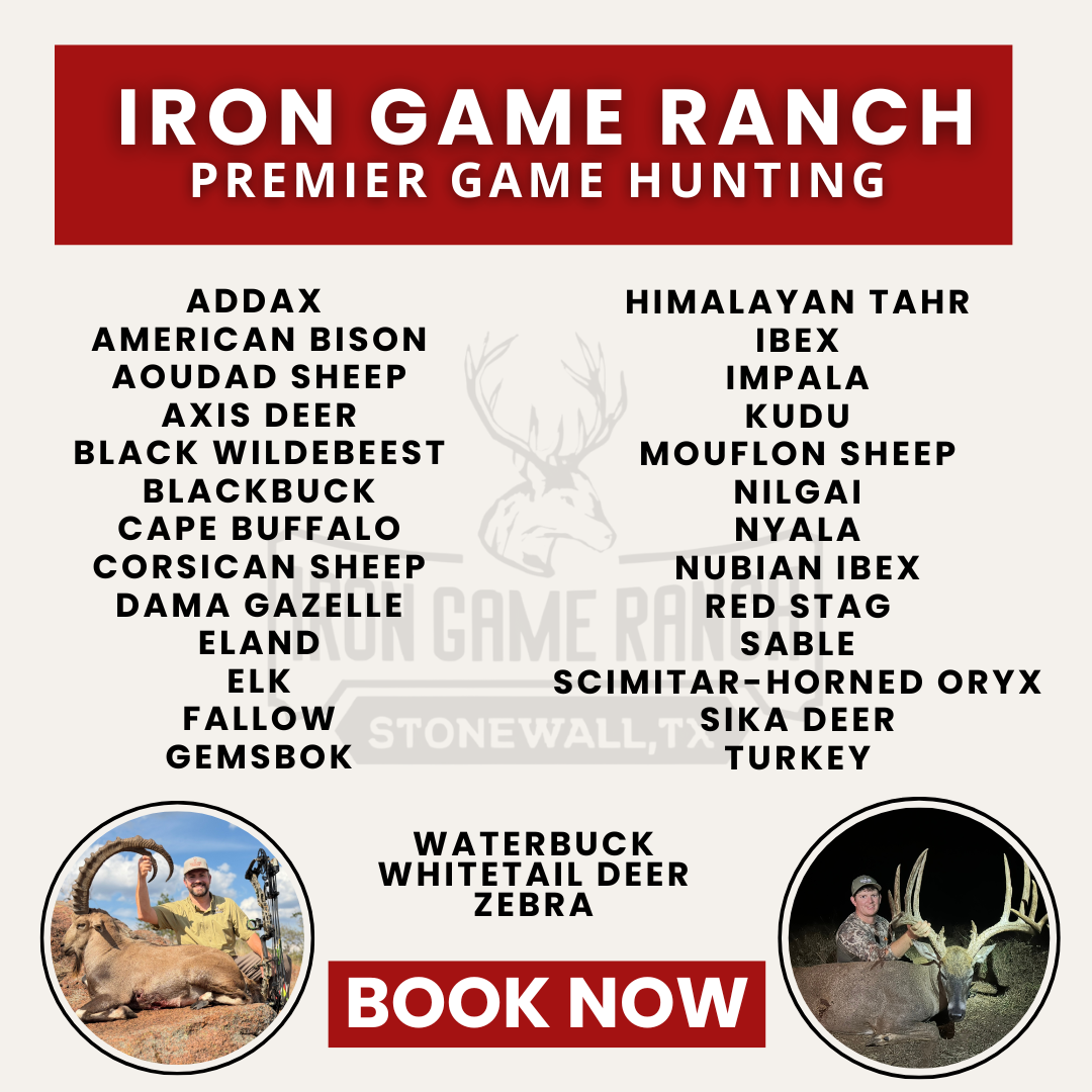 Advertisement for Iron Game Ranch, listing animals for hunting: Addax, Gemsbok, etc. with photos & 