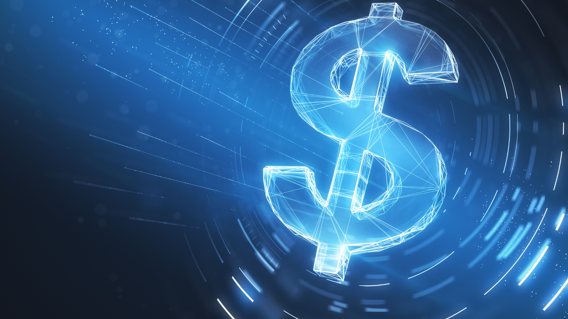 A dollar sign is glowing in the dark on a blue background.