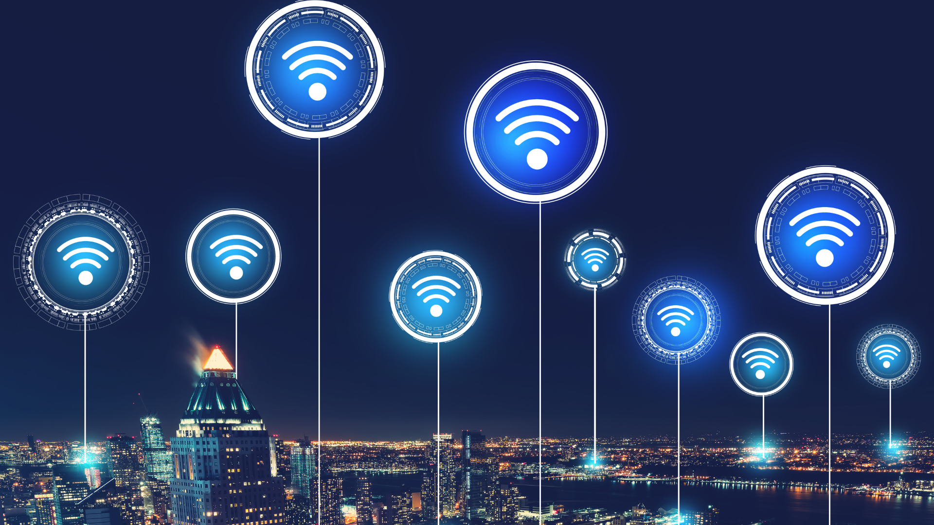 A city skyline at night with a lot of wifi icons connected to each other.