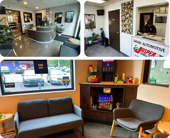 A picture of a garage and a picture of a waiting room. | Safari Automotive
