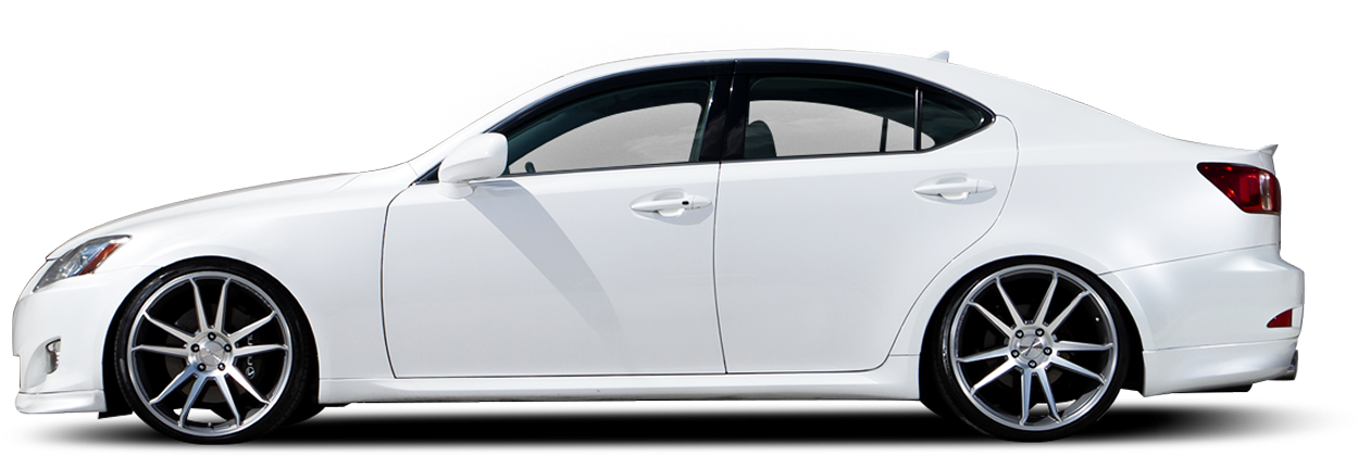 A white car with black wheels and tires on a white background. | Safari Automotive