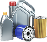 A group of oil bottles and oil filters on a white background. | Sunset Tire and Auto Repair