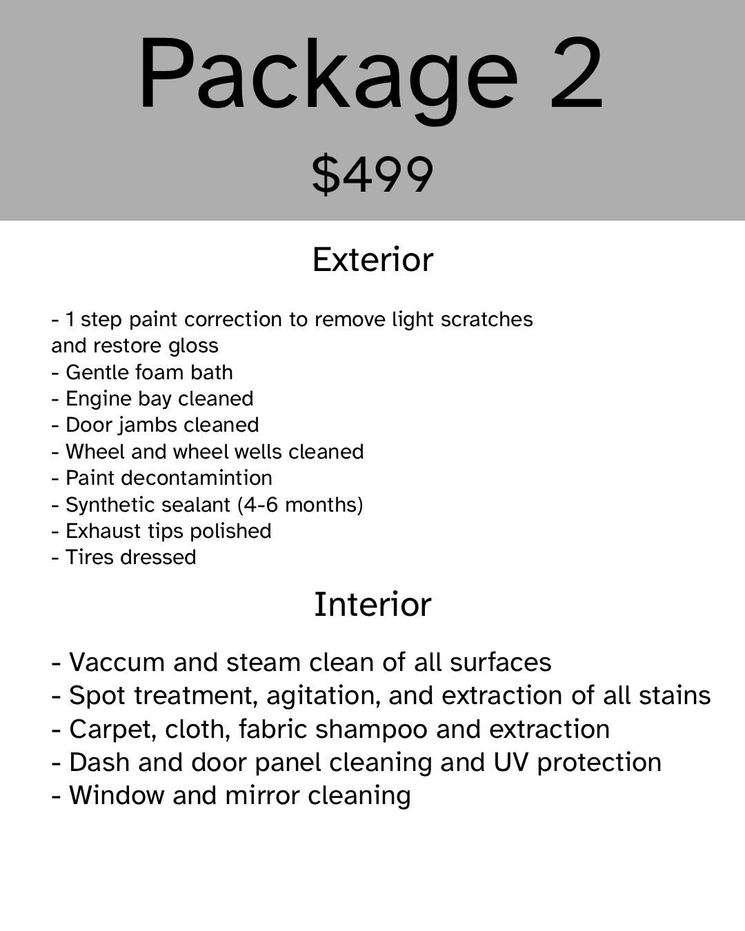 Package 2 detailing service for $499, including exterior and interior cleaning services. | Safari Automotive