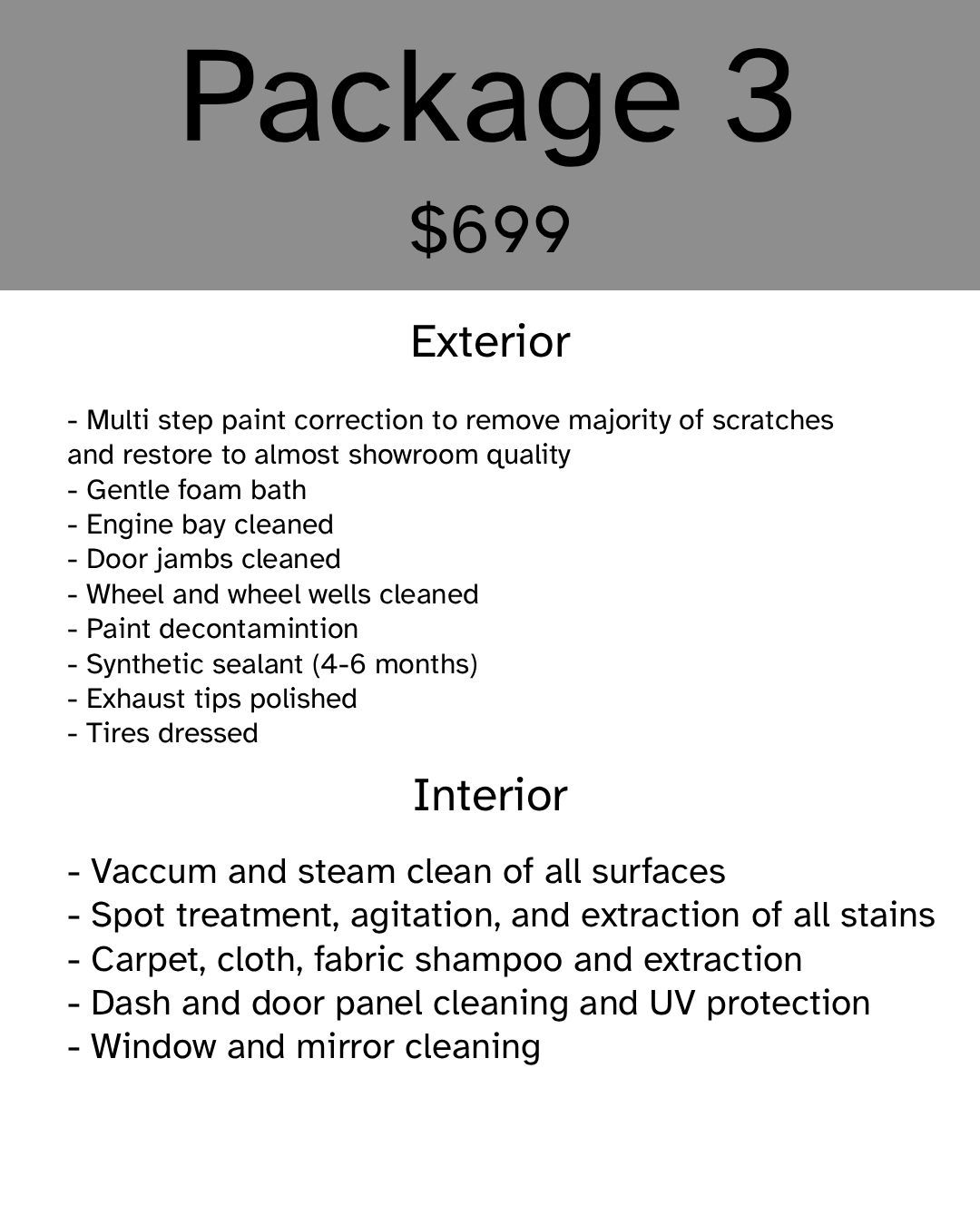 Package 3 detailing service details: Exterior and Interior services listed with prices. | Safari Automotive