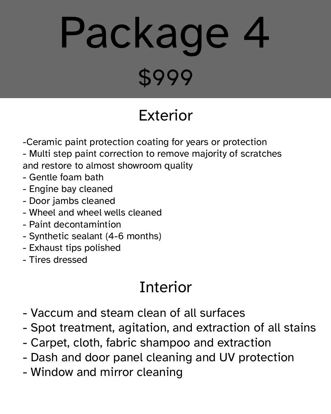 Package 4 detailing service details: exterior and interior services listed with prices. | Safari Automotive