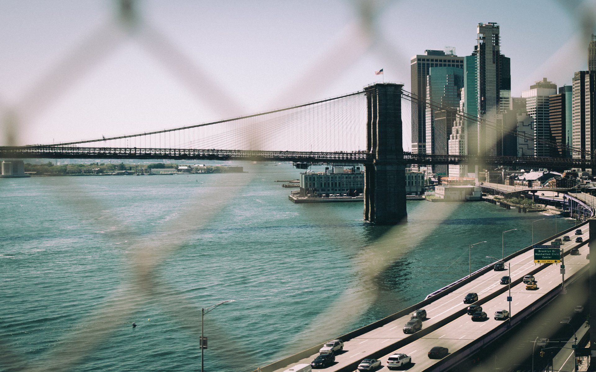 american symmetry architecture  new york street urban scene nyc ny usa united states america manhattan bridge skyscraper skyscrapers brooklyn view