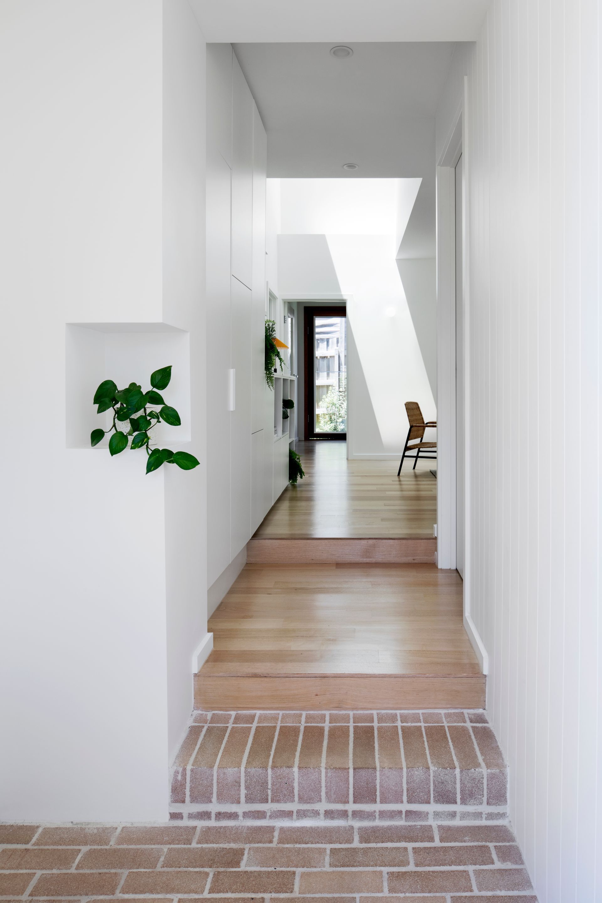 A hallway with a brick floor and a plant on the wall.