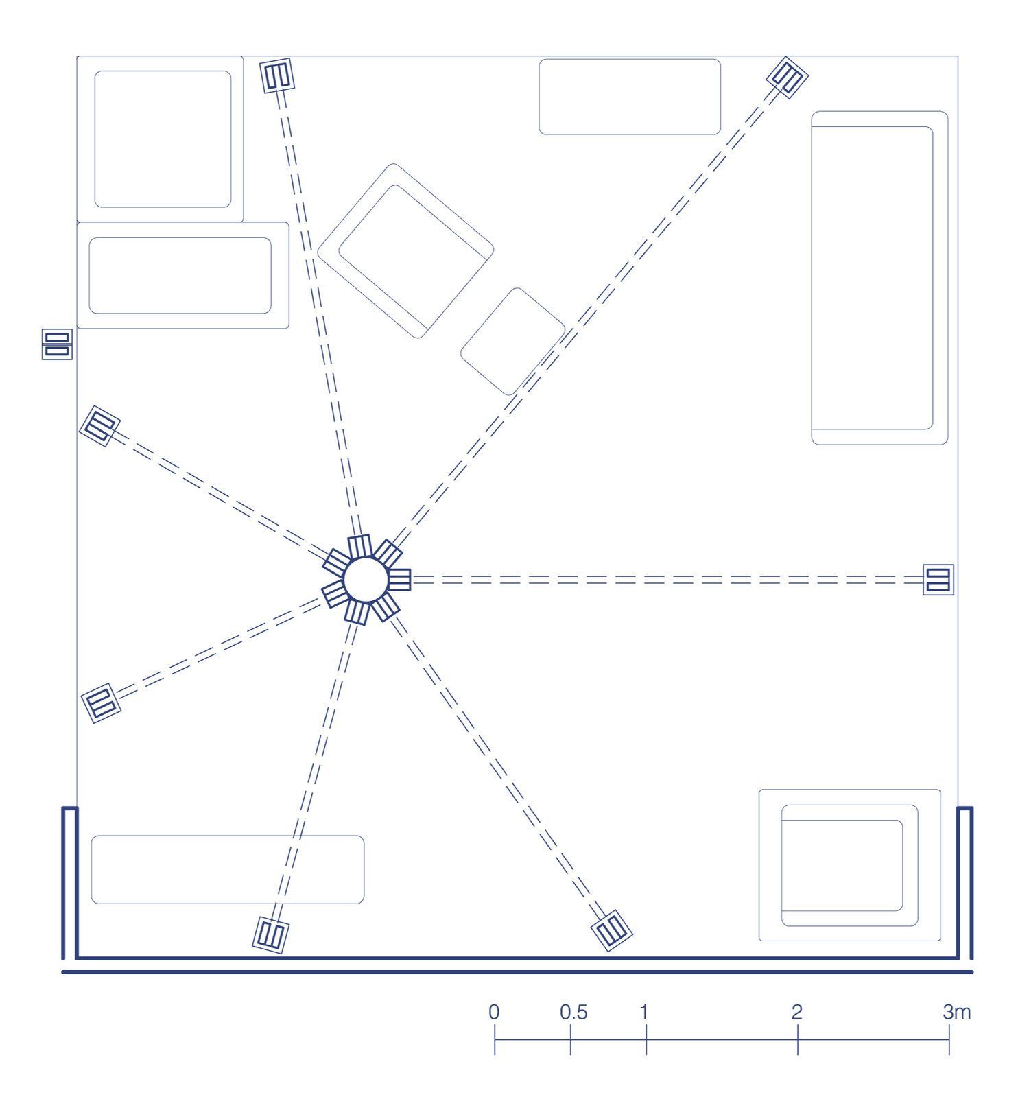 A blueprint of a room with a lot of lines going through it.