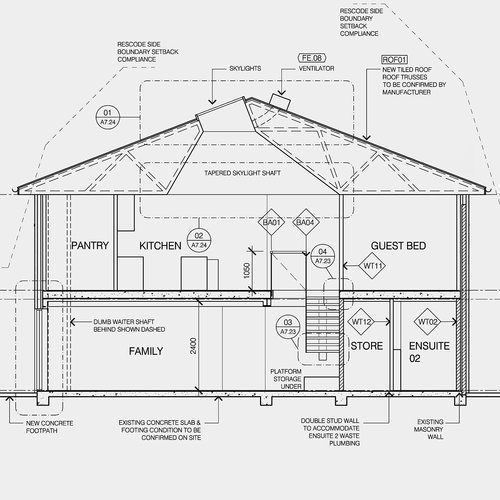 A black and white drawing of a house showing the kitchen , pantry , guest bed , and store.