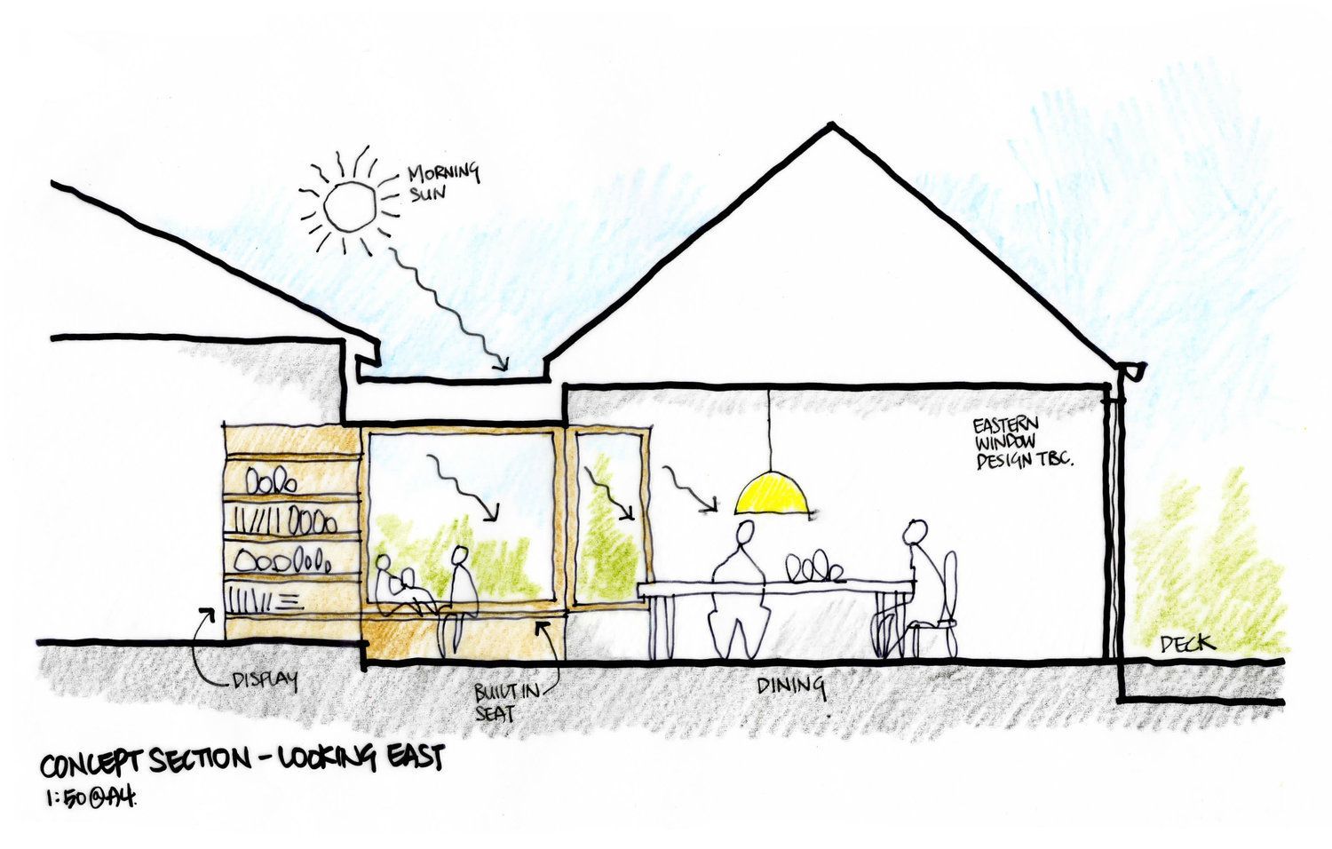 A drawing of a house with the sun shining through the windows