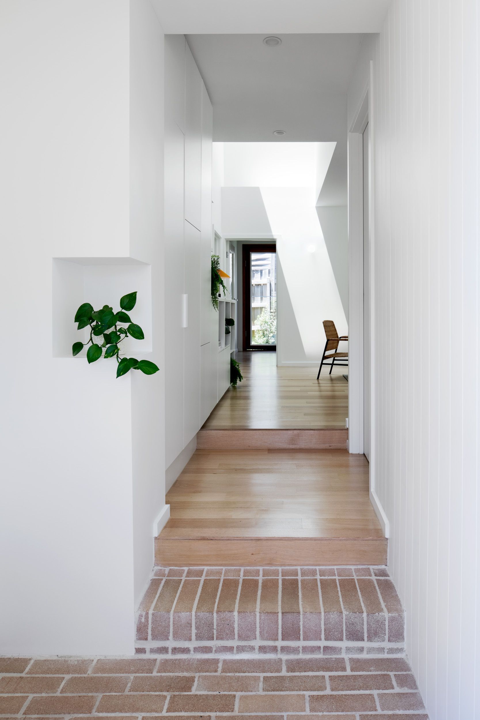 A hallway with a brick floor and a plant on the wall.