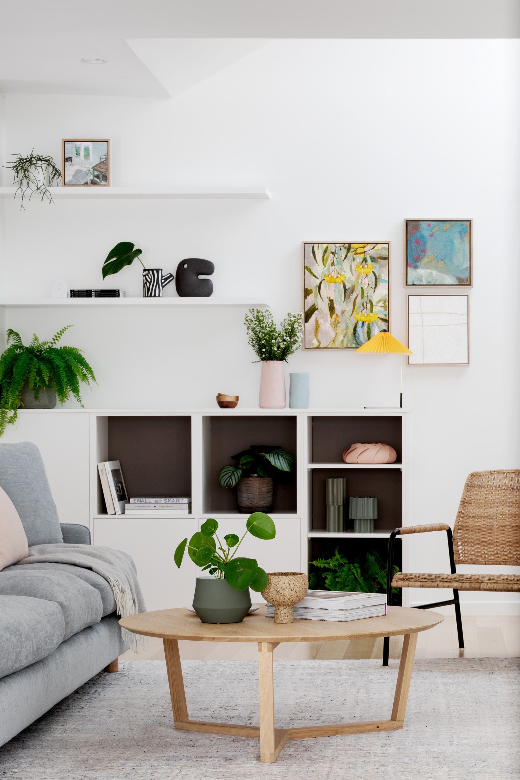 A living room with a couch and a coffee table