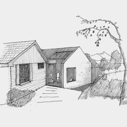 A black and white drawing of a house with a tree in the background.