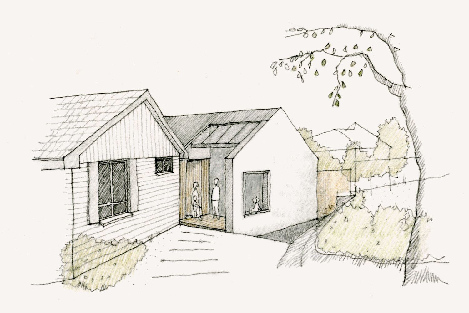 A drawing of a house with a tree in the background.