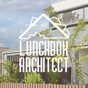 A logo for lunchbox architect with a house in the background