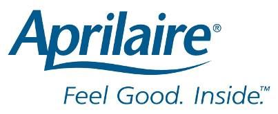 The aprilaire logo is blue and white and says `` feel good inside ''.