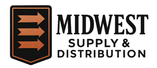 Logo of Midwest Supply & Distribution: Black shield with three orange arrows, next to text