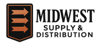 Logo for Midwest Supply & Distribution featuring a black shield with three orange arrows and text to the right.