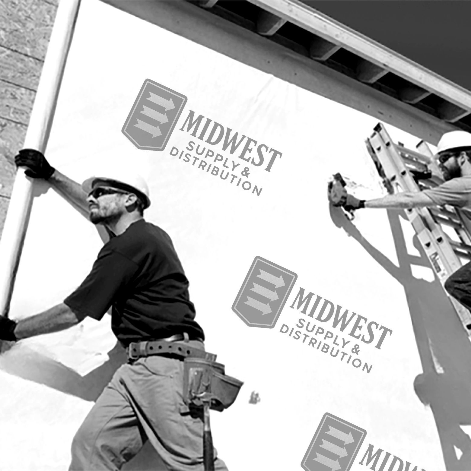 Two construction workers installing siding on a building, one on a ladder, in daylight.
