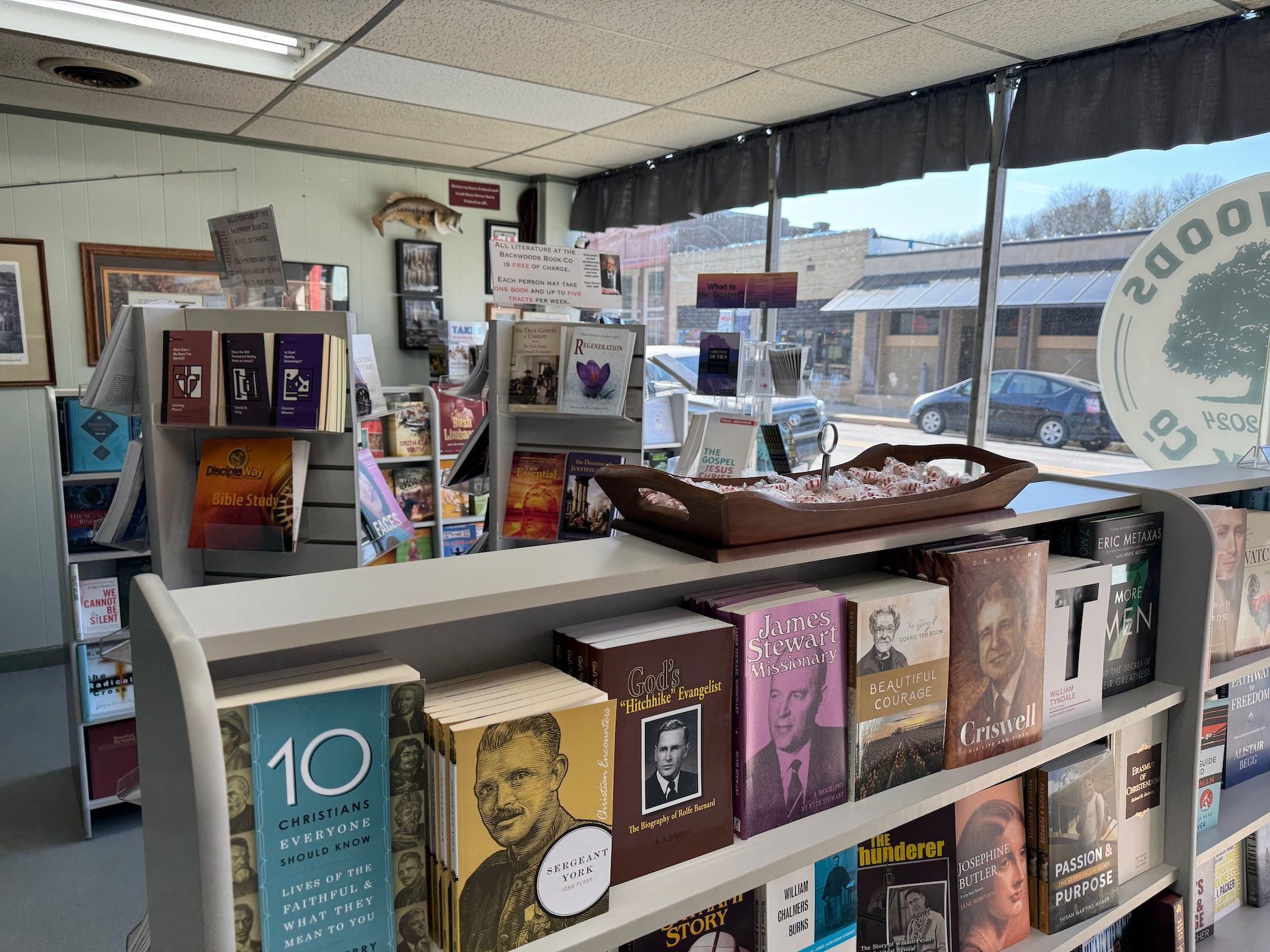 an inside look at books on display at the backwoods book store