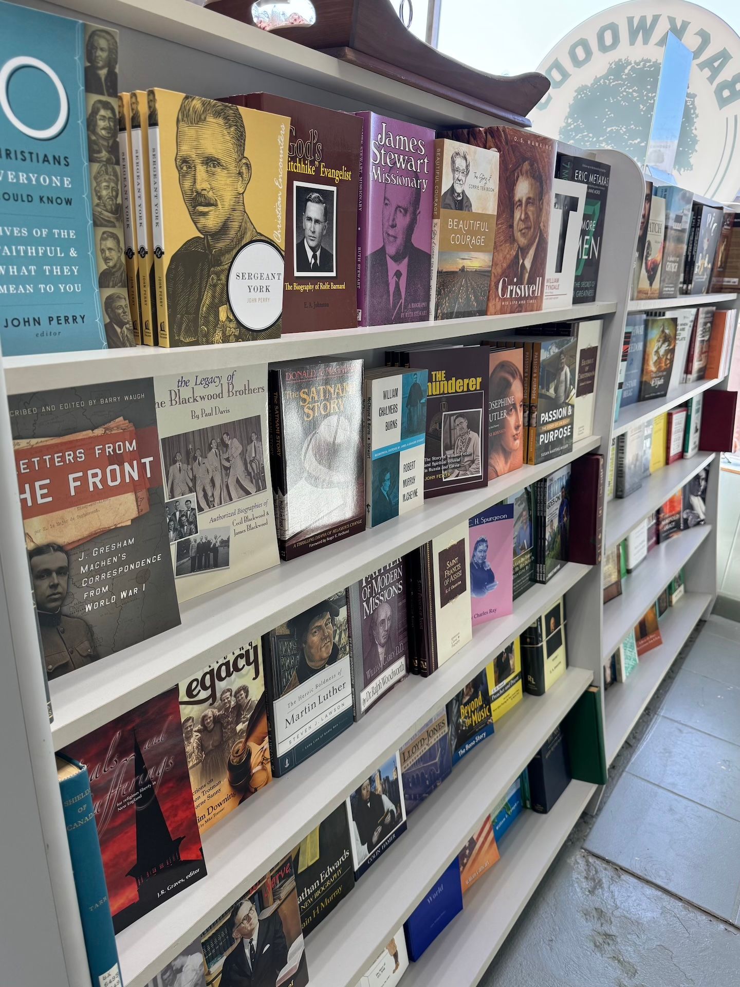a series of horizontal shelves displaying books at the backwoods book store