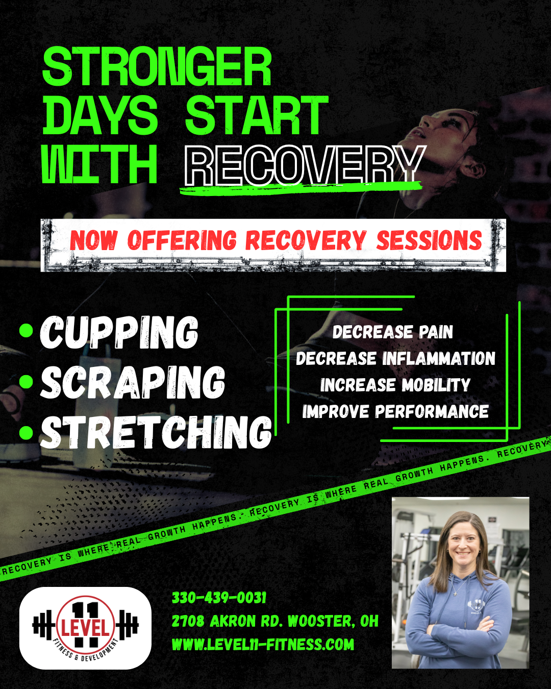 Ad for recovery sessions: cupping, scraping, stretching, in Wooster, OH. Woman in a gym, green text.