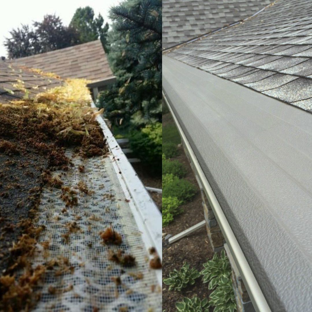 Half-and-half shot of a gutter: left side full of debris, right side newly cleaned and clear.
