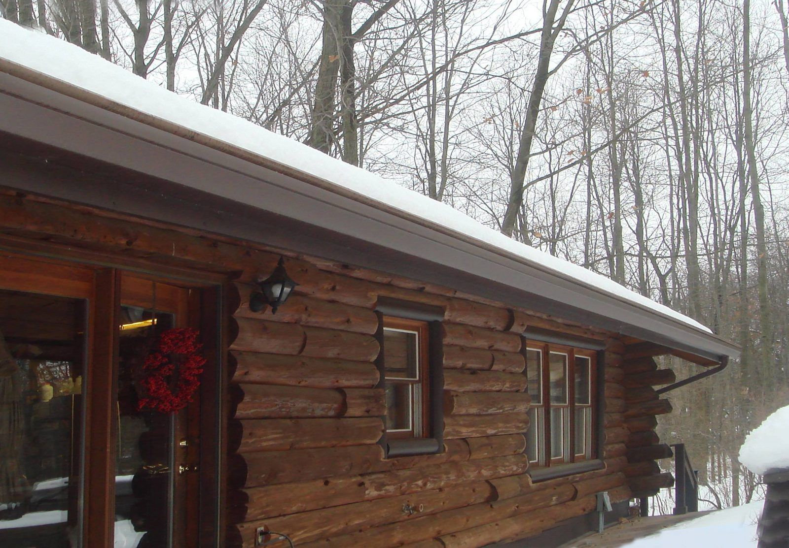 Log cabin with snow-covered roof and surrounding winter trees. Brown exterior, dark gutters, a door, and windows.